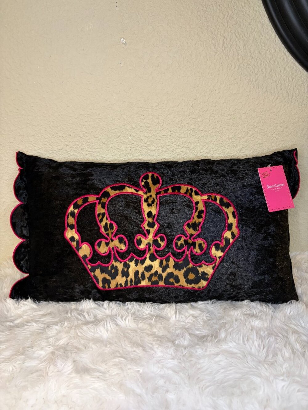 Juicy Couture Leopard Crown Black Pink Decorative Lumbar Pillow 14x24 NWT